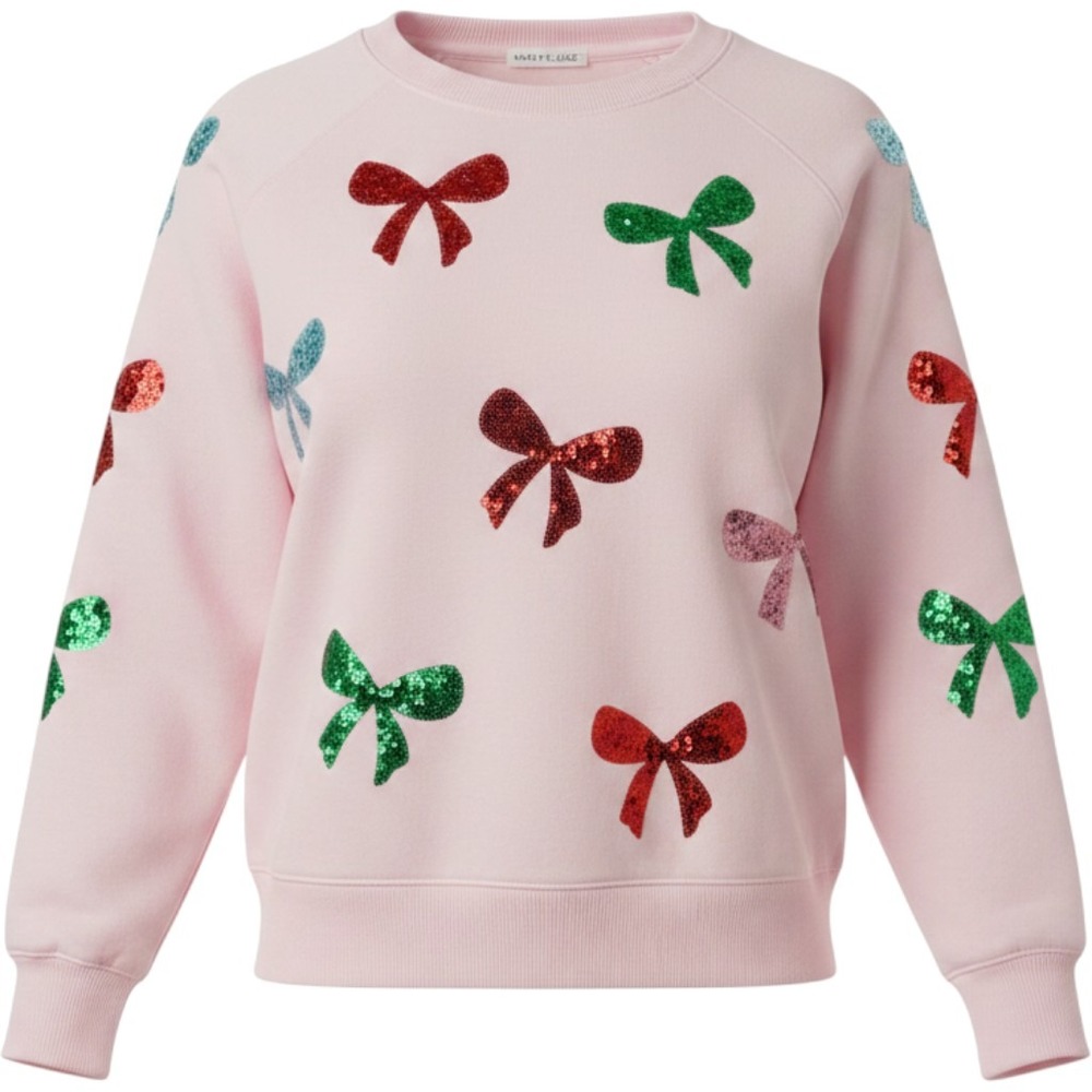 Mary Square Womens Pink Sequin Bow Raglan Sweatshirt Large Holiday Crewneck